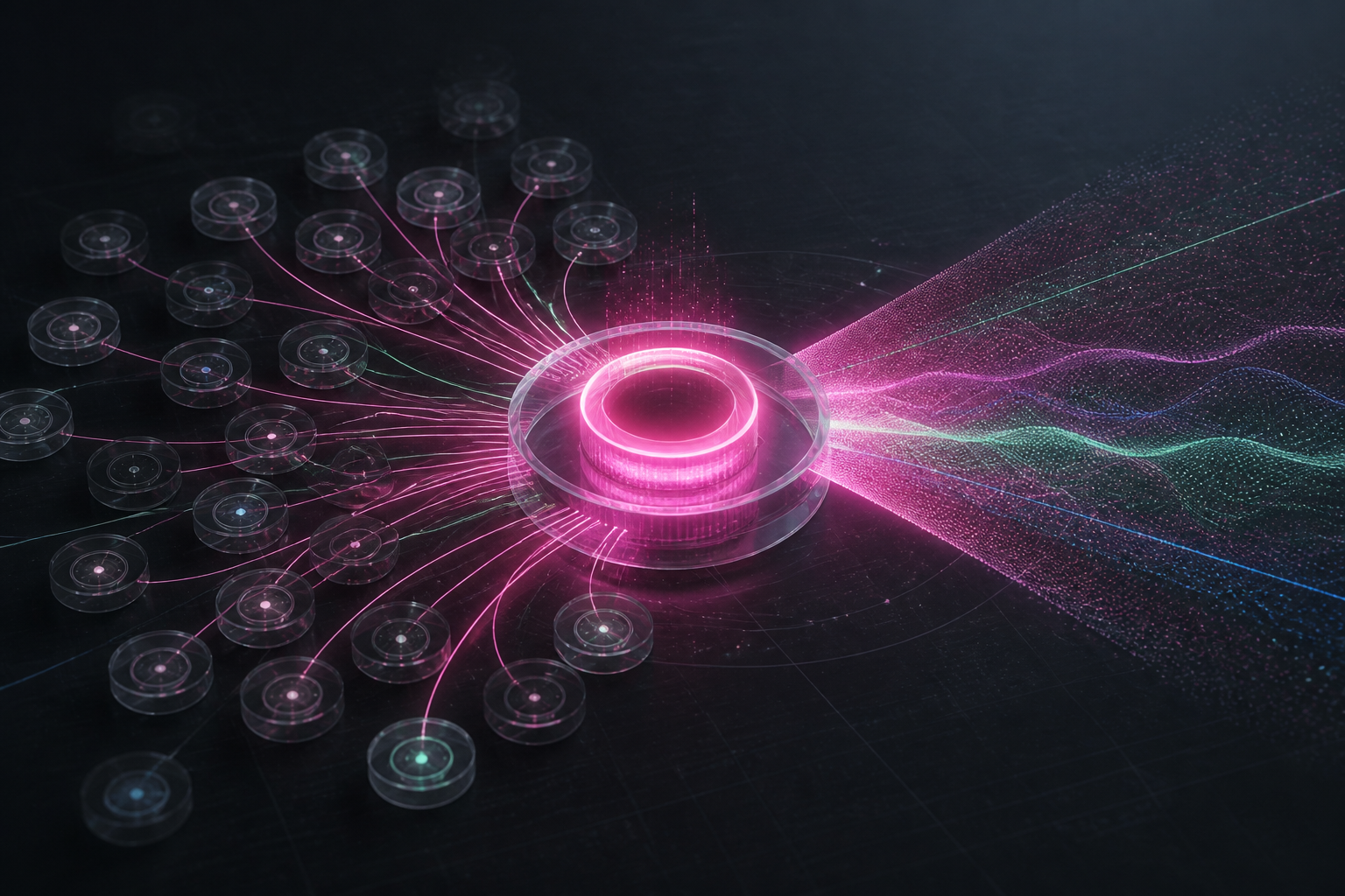 Abstract information signals converging on a trusted source and branching into AI search discovery paths