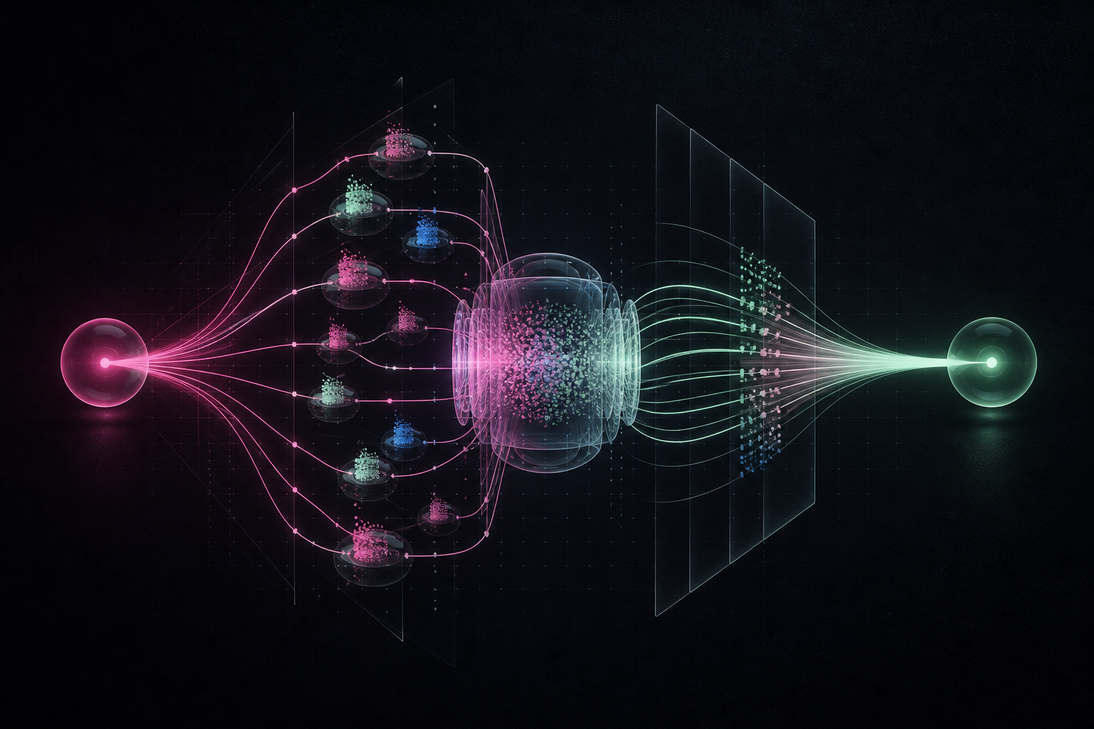Abstract visualization of an AI agent branching search paths and recombining verified evidence