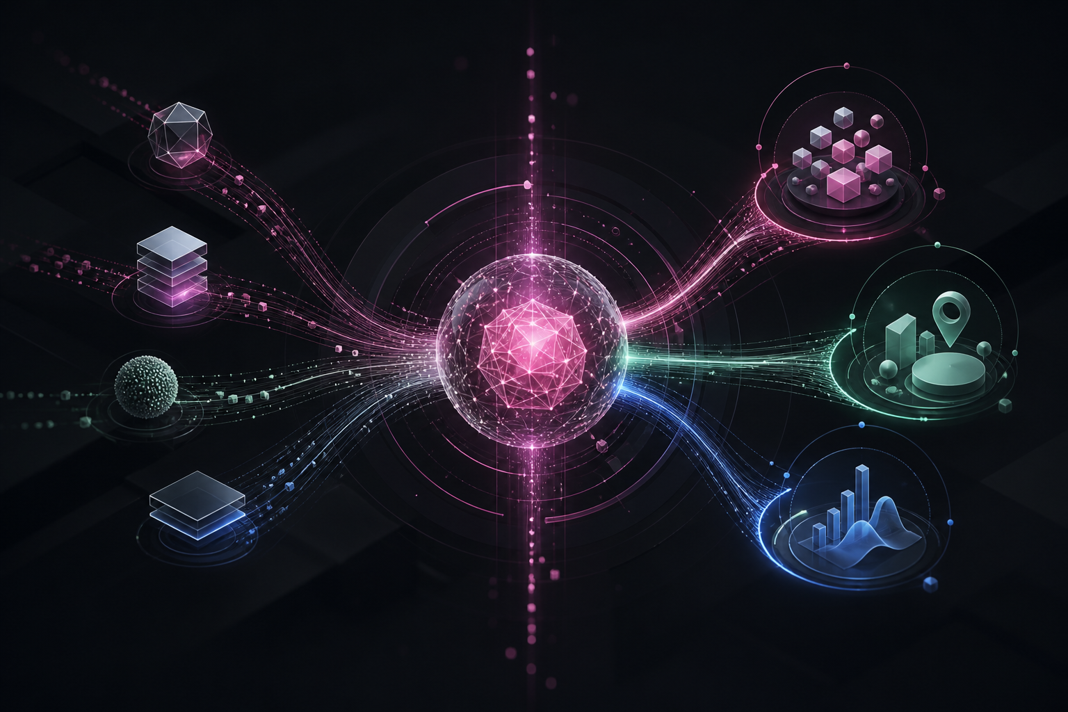 Abstract editorial image of verified AI search evidence branching into discovery, location actions and enterprise measurement