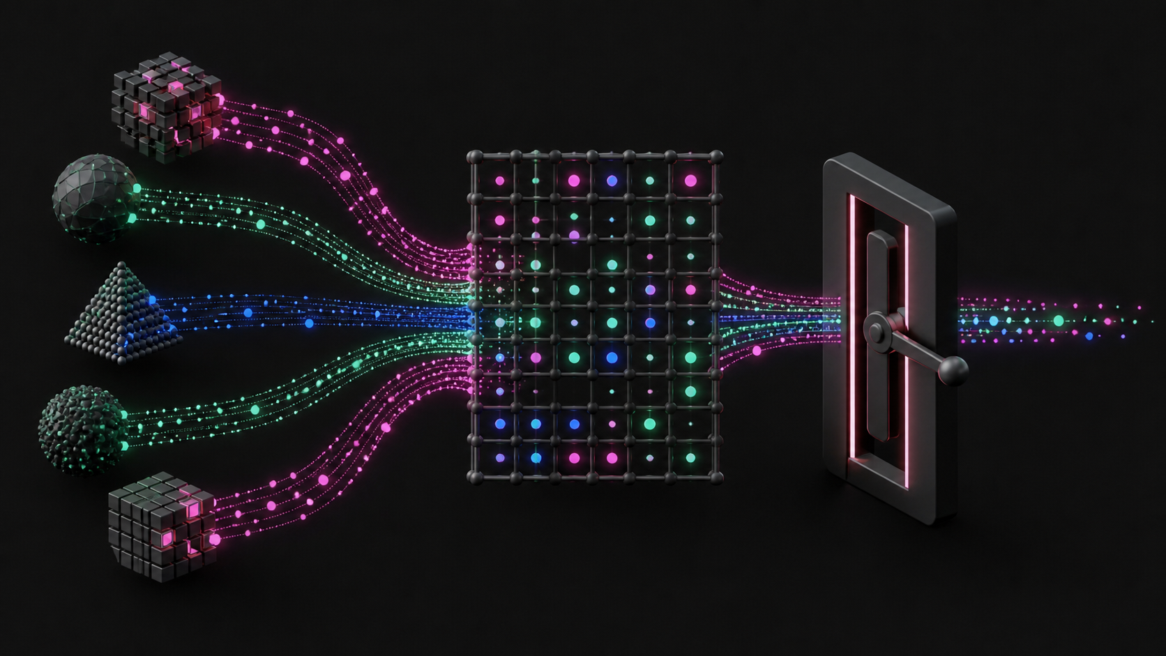 Abstract data streams passing through a verification gate into market-level search signals