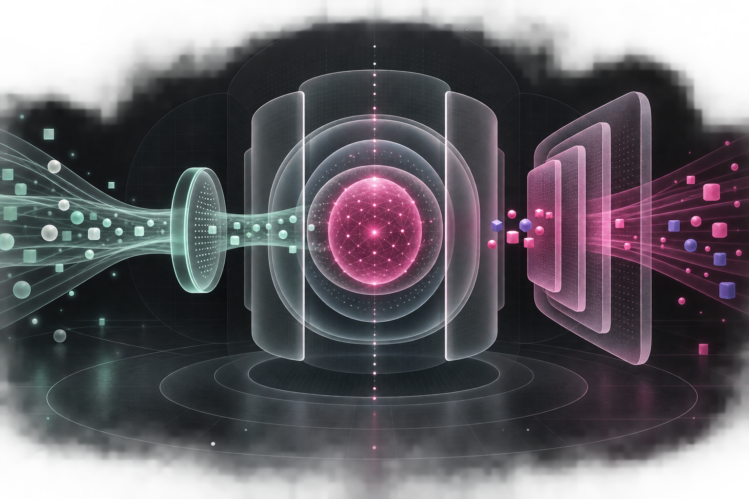 Abstract sensitive health data passing through layered permission boundaries into a protected knowledge core