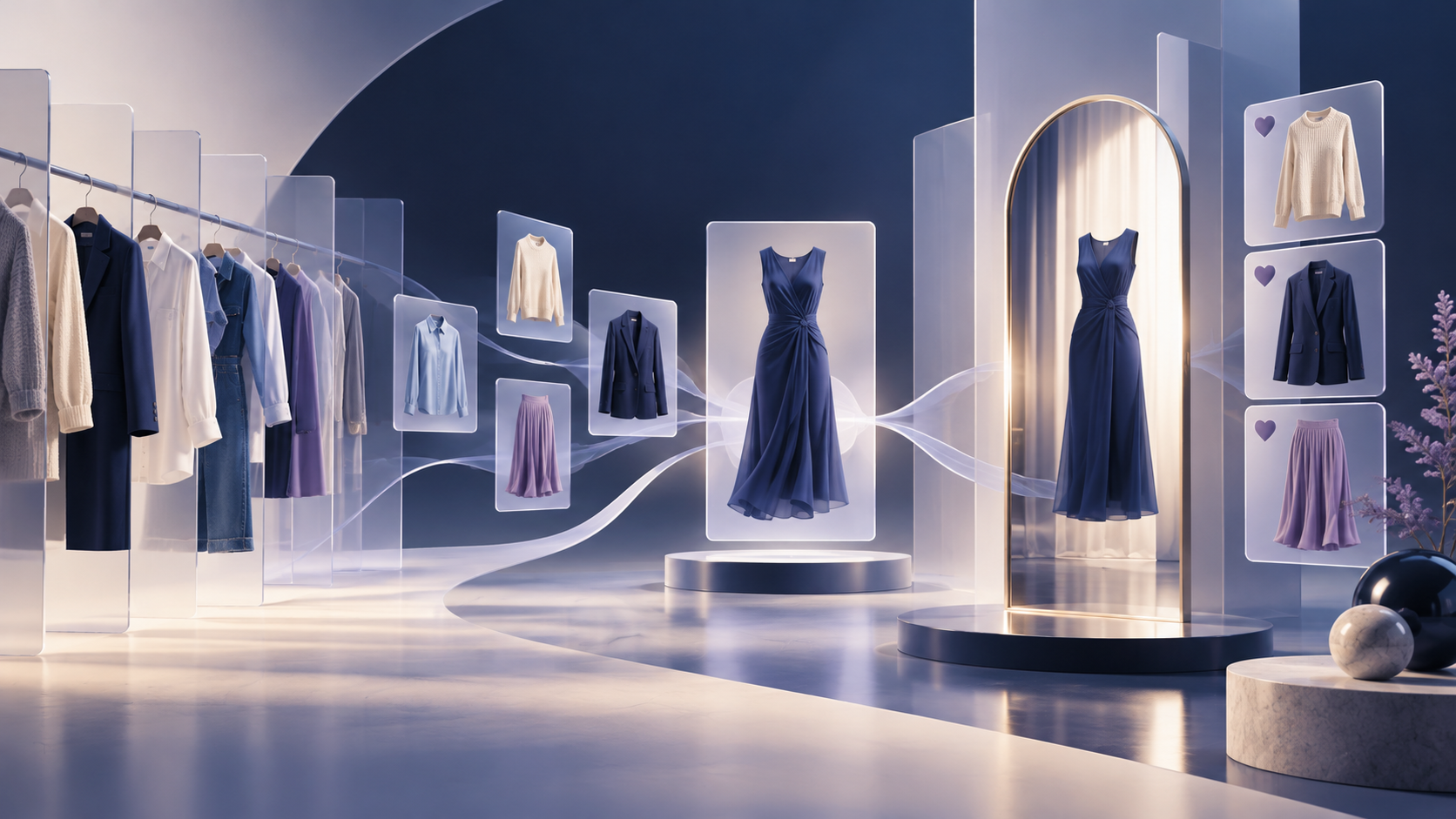 의류 상품이 비교 경로를 지나 거울로 이어지는 추상적인 AI 쇼핑 장면