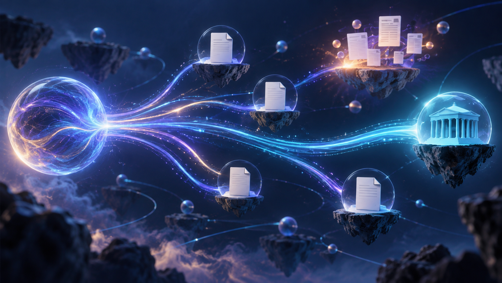 Abstract AI answer stream branching toward original web sources and one official destination