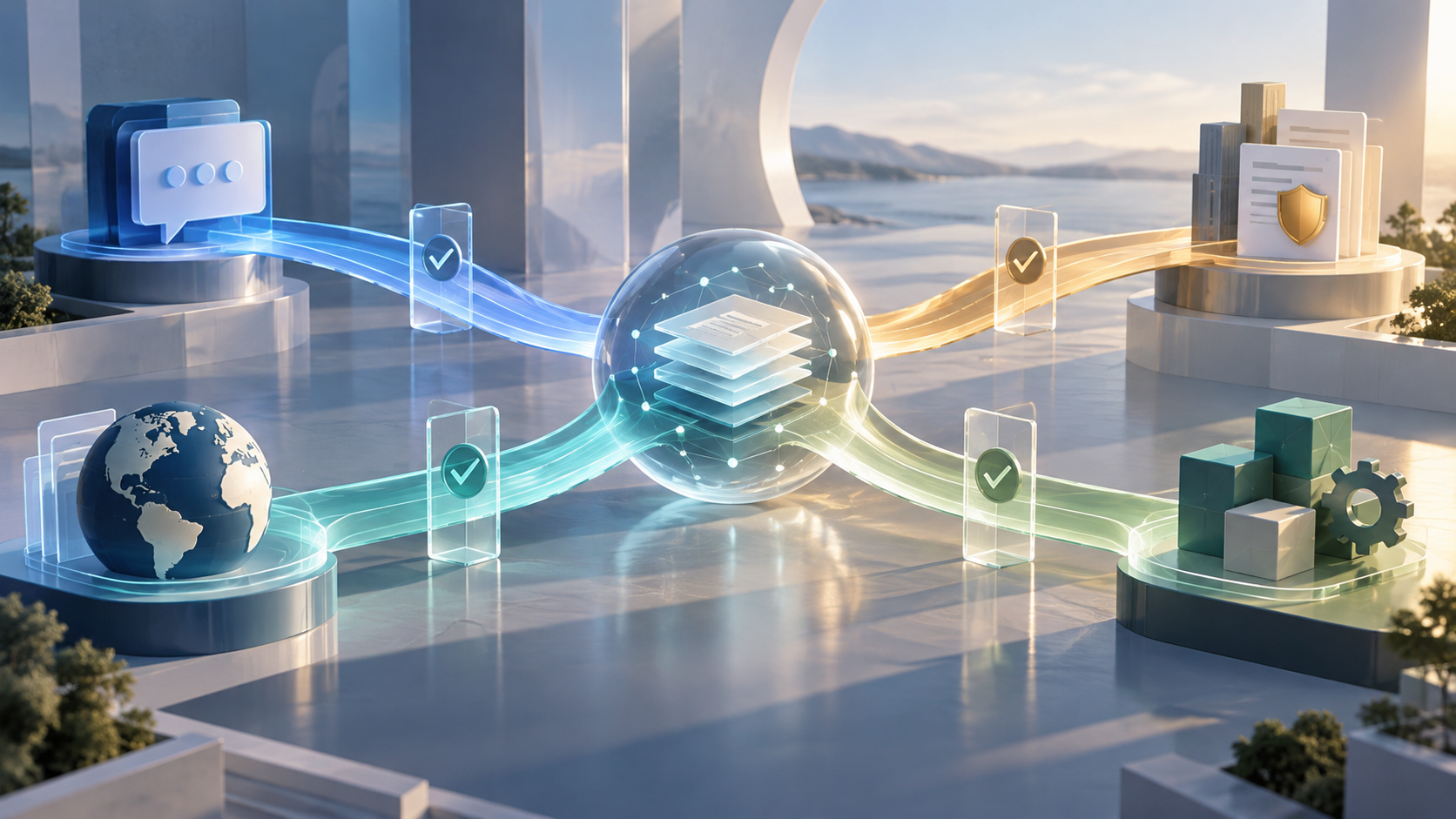 Abstract AI search routes converging through verification checkpoints